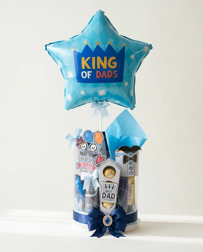 A Father's Day gift bundle with a foil balloon, chocolates and a navy ribbon