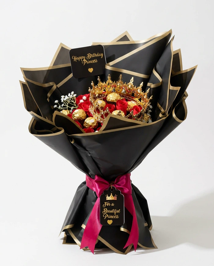 A chocolate bouquet of gold wrapped truffles and red roses in black and gold paper, finished with a gold crown
