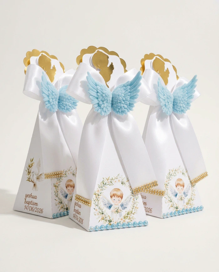 Christening favour bags in white satin with pale blue angel wings, gold beading and a personalised name and date